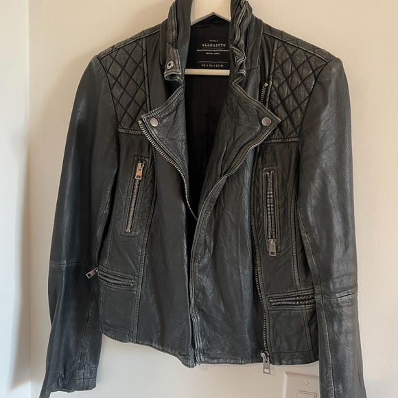 bestselling all saints cargo distressed moto leather jacket - black, size S (US4 - Picture 6 of 9